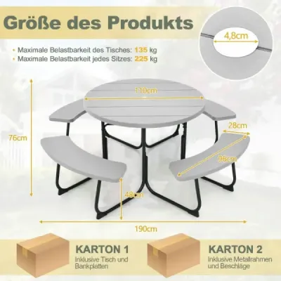 Costway Sitzgarnitur für 8 Personen Picknicktisch mit Schirmloch & 4 Bänken Wetterfester Tisch Grau
