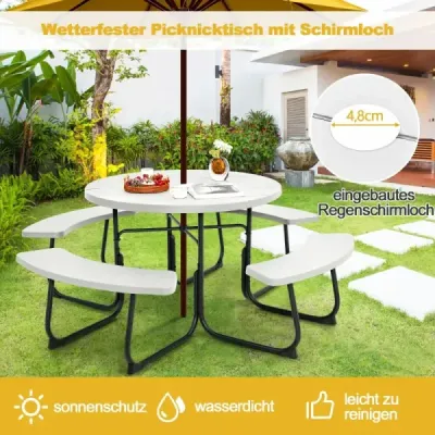 Costway Sitzgarnitur für 8 Personen Picknicktisch mit Schirmloch & 4 Bänken 190 x 76 cm Weiß