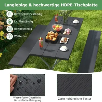 Costway Bierzeltgarnitur mit Wetterfester HDPE-Tischplatte & Schirmloch Biertischgarnitur 183 cm Schwarz