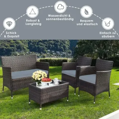 Costway 4 TLG. Outdoor Terrassenmöbel Set aus PE Rattan mit Gehärtetem Glastisch & Kissen Grau