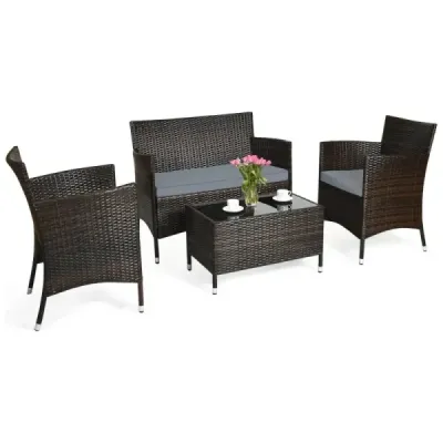 Costway 4 TLG. Outdoor Terrassenmöbel Set aus PE Rattan mit Gehärtetem Glastisch & Kissen Grau