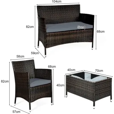 Costway 4 TLG. Outdoor Terrassenmöbel Set aus PE Rattan mit Gehärtetem Glastisch & Kissen Grau