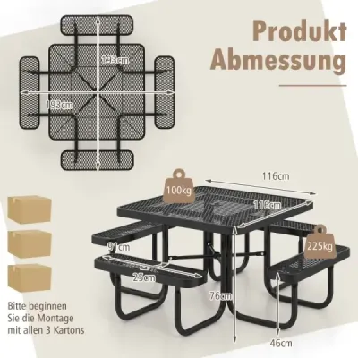 Costway Sitzgarnitur für 8 Personen Picknicktisch mit Schirmloch & 4 Bänken Quadratischer Gartentisch