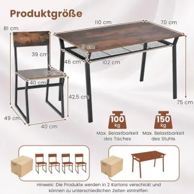 Costway Esstisch Set 5-teilig Küchentisch mit 4 Stühlen & Regal Essgruppe Sitzgruppe Industrie Vintage