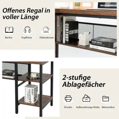 Costway Schreibtisch L-Form Eckschreibtisch mit Regal in voller Länge und 2-stufige Seitenregale Rustikal Braun 150 x 140 x 75 cm