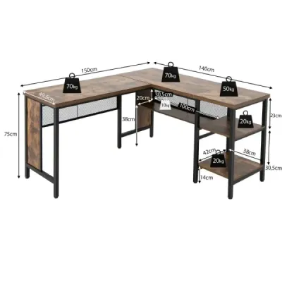 Costway Schreibtisch L-Form Eckschreibtisch mit Regal in voller Länge und 2-stufige Seitenregale Rustikal Braun 150 x 140 x 75 cm