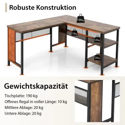 Costway Schreibtisch L-Form Eckschreibtisch mit Regal in voller Länge und 2-stufige Seitenregale Rustikal Braun 150 x 140 x 75 cm