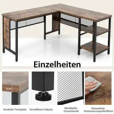 Costway Schreibtisch L-Form Eckschreibtisch mit Regal in voller Länge und 2-stufige Seitenregale Rustikal Braun 150 x 140 x 75 cm