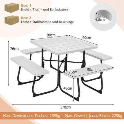 Okrúhly piknikový stôl so 4 lavičkami a otvorom na dáždnik pre 8 osôb, nosnosť 900 kg, kempingový stôl, biela
