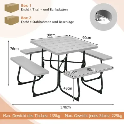 Costway Runder Picknicktisch mit 4 Bänken & Schirmloch für 8 Personen Tragkraft von 900 kg Campingtisch Grau