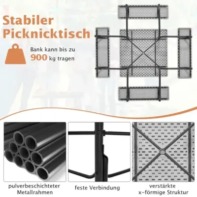 Okrúhly piknikový stôl so 4 lavičkami a otvorom na dáždniky pre 8 osôb Nosnosť 900 kg Kempingový stôl sivý