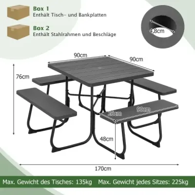 Okrúhly piknikový stôl so 4 lavičkami a slnečníkom pre 8 osôb, nosnosť 900 kg, kempingový stôl, čierna