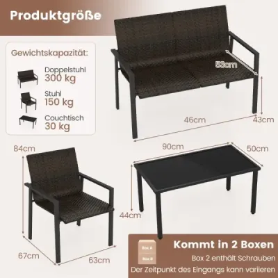 Costway 4tlg. Olyrattan Gartenmöbel Set inkl. 2 Stühlen & Bank & Tisch Terrassenmöbel Sitzgruppe Braun