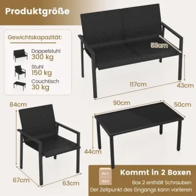 Costway 4tlg. Olyrattan Gartenmöbel Set inkl. 2 Stühlen & Bank & Tisch Terrassenmöbel Sitzgruppe Schwarz