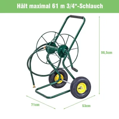 Kovový vozík na hadicu s 2 pneumatikami a kľukou na 61M 3/4" hadicu Záhradný vozík na hadicu zelený