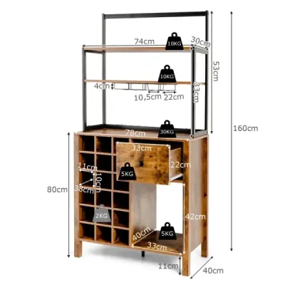 Costway Küchenschrank 160cm Buffetschrank mit Weinregal und Schublade 74 x 40 x 160 cm