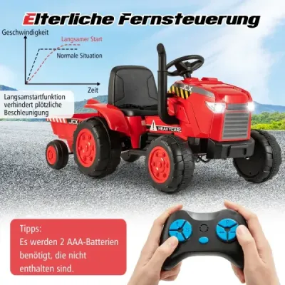 2 v 1 Detský elektrický traktor s prívesom a elektrické autíčko na diaľkové ovládanie - červené