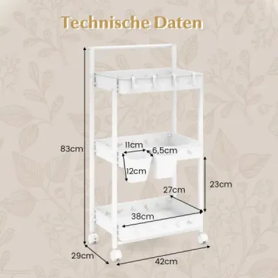 3-úrovňový vozík Servírovací vozík s kolieskami Kuchynský vozík s 2 závesnými pohármi 42 x 29 x 83 cm biely