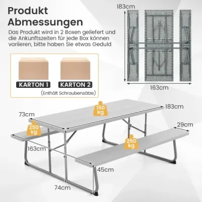 Skladací piknikový stôl s 2 lavicami 183 cm súprava kempingového stola s kovovým rámom sivá