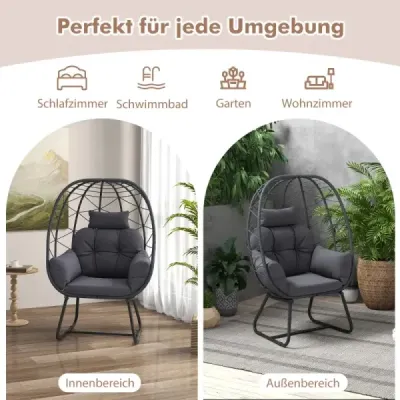 Ratanové prútené kreslo s odnímateľným vankúšom a kovovým rámom Oversized Lounge Chair Grey