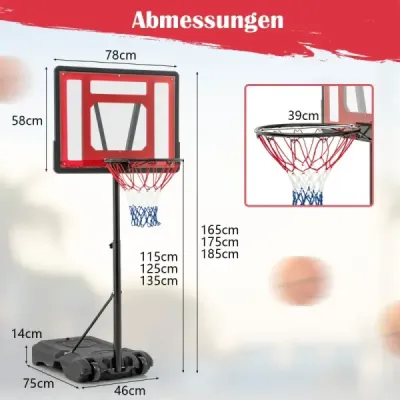 Bazénový basketbalový kôš vonkajší basketbalový stojan 115-135 cm výškovo nastaviteľný červený