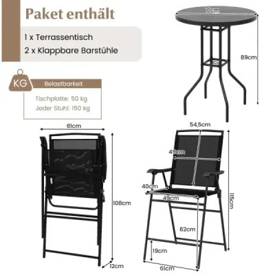 Costway Bistrotisch mit 2 Klappbaren Stühlen & Schirmloch 3-tlg. Outdoor Barhocker Set Balkonmöbel