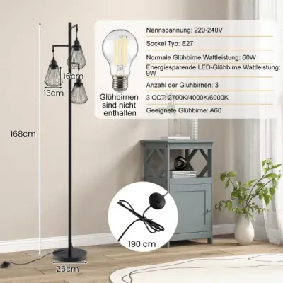Moderná stojacia lampa 169 cm priemyselná stojacia lampa s 3 tienidlami 25 x 168 cm čierna