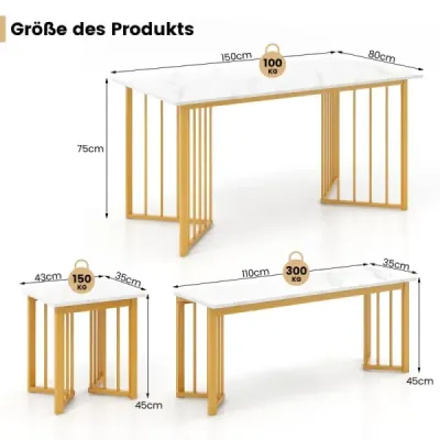 Costway 4-teilige Esszimmergruppe mit 2 Stühlen & Tisch & Bank Moderne Marmor Esstisch Set Weiß + Golden