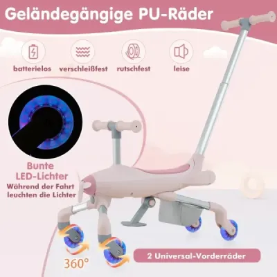 Kočík 2 v 1 pre deti Kočík s motívom lietadla s kolieskami s LED osvetlením Ružová