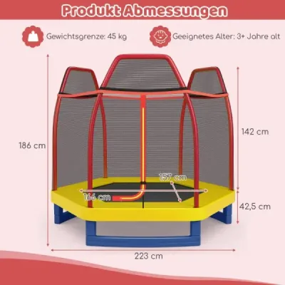 Detská trampolína do 150 kg s bezpečnostnou sieťou a pružinovým vankúšom 223 x 223 x 186 cm Modrá