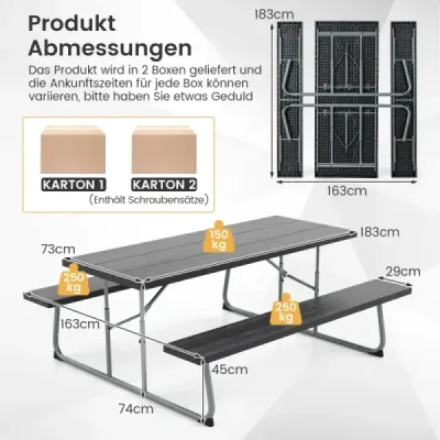 Costway Klappbarer Picknicktisch mit 2 Bänken 183 cm Campingtisch-Set mit Metallrahmen Schwarz