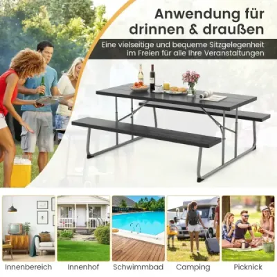 Costway Klappbarer Picknicktisch mit 2 Bänken 183 cm Campingtisch-Set mit Metallrahmen Schwarz