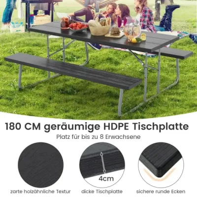 Costway Klappbarer Picknicktisch mit 2 Bänken 183 cm Campingtisch-Set mit Metallrahmen Schwarz