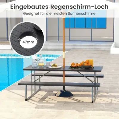 Costway Klappbarer Picknicktisch mit 2 Bänken 183 cm Campingtisch-Set mit Metallrahmen Schwarz