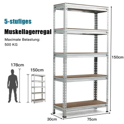 Úložný regál s 5 nastaviteľnými policami, ťažký regál do 500 kg, nosnosť 150 x 75 x 30 cm