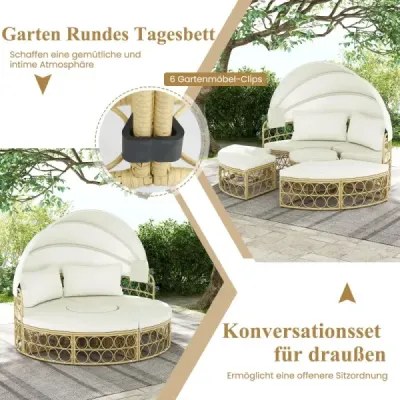 Costway Rattan Sonneninsel Rundes Tagesbett mit Beistelltisch einziehbarem Baldachin und Kissen