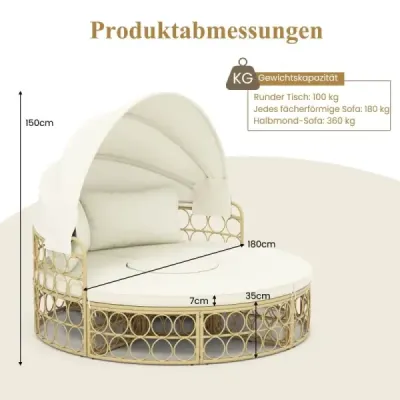 Costway Rattan Sonneninsel Rundes Tagesbett mit Beistelltisch einziehbarem Baldachin und Kissen