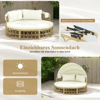 Costway Rattan Sonneninsel Rundes Tagesbett mit Beistelltisch einziehbarem Baldachin und Kissen