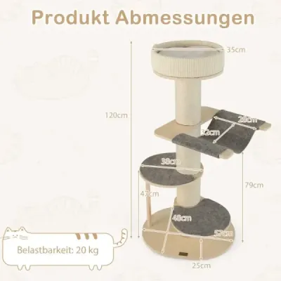 120 cm škrabadlo Drevený mačací strom s hojdacou sieťou a 3 platformami a sisalový koberec v sivej farbe