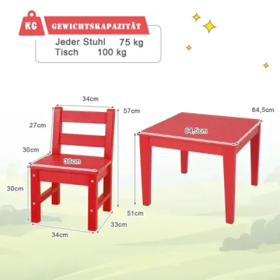 Costway 3 tlg. Kinder Tisch- & Stuhlset Holz Spieltisch Set mit 2 Stühlen zum Malen & Lesen Kindermöbelset Rot