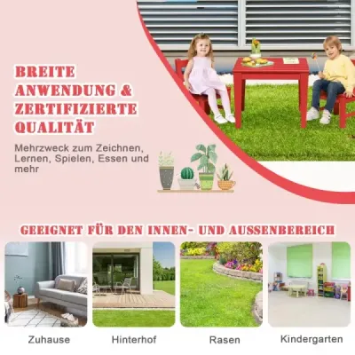 Costway 3 tlg. Kinder Tisch- & Stuhlset Holz Spieltisch Set mit 2 Stühlen zum Malen & Lesen Kindermöbelset Rot