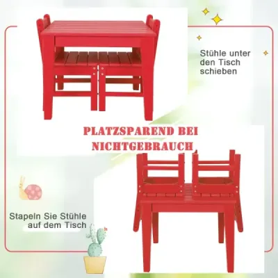 Costway 3 tlg. Kinder Tisch- & Stuhlset Holz Spieltisch Set mit 2 Stühlen zum Malen & Lesen Kindermöbelset Rot