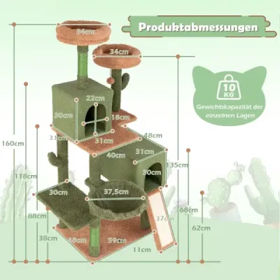 Škrabací stĺp Kaktusový mačací strom s platformami Hračka Sisalové stĺpiky Zelená + hnedá (160 cm vysoká)