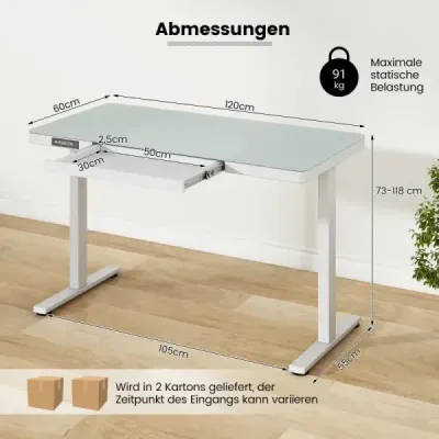 Costway Höhenverstellbarer Schreibtisch mit Tischplatte aus gehärtetem Glas Elektrischer Stehschreibtisch Weiß