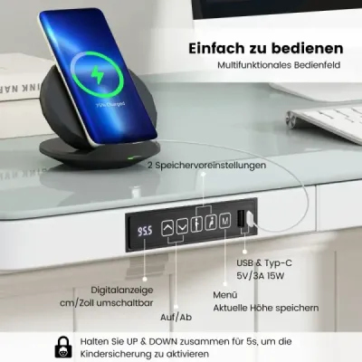 Costway Höhenverstellbarer Schreibtisch mit Tischplatte aus gehärtetem Glas Elektrischer Stehschreibtisch Weiß