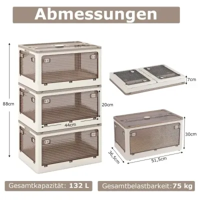 Costway 3er Set Aufbewahrungsboxen mit Deckel auf Rollen Klappbare Stapelboxen von 5 Seiten Zugänglich 132 Liter