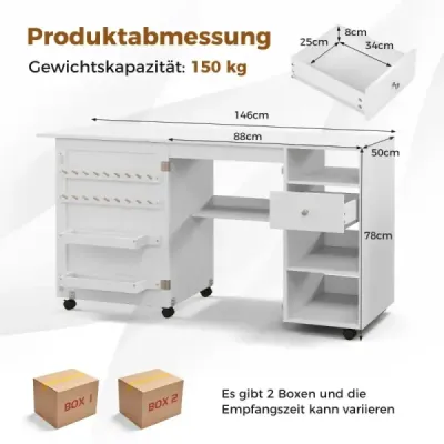 Costway 2 in 1 Nähschrank Schreibtisch klappbar Nähmaschinentisch mit Ablageflächen Weiß