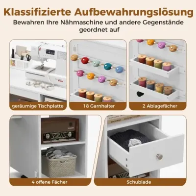 Costway 2 in 1 Nähschrank Schreibtisch klappbar Nähmaschinentisch mit Ablageflächen Weiß