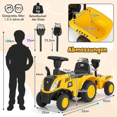 Detský pojazdný traktor s odnímateľným prívesom a lopatovým chodúľom Licencované vozidlo Caterpillar