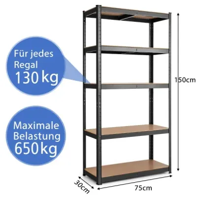 Úložný regál  5 úrovní s kovovým rámom, kovový regál, nosnosť do 650 kg, 75 x 30 x 150 cm, čierna